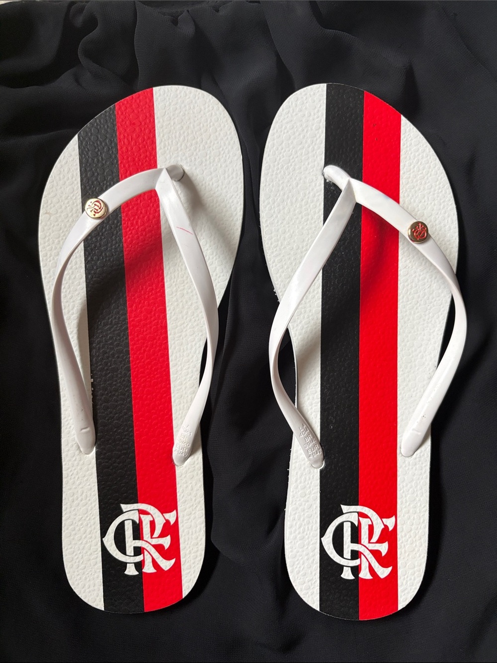 CRF White Flip Flops with Red and Black Stripes
